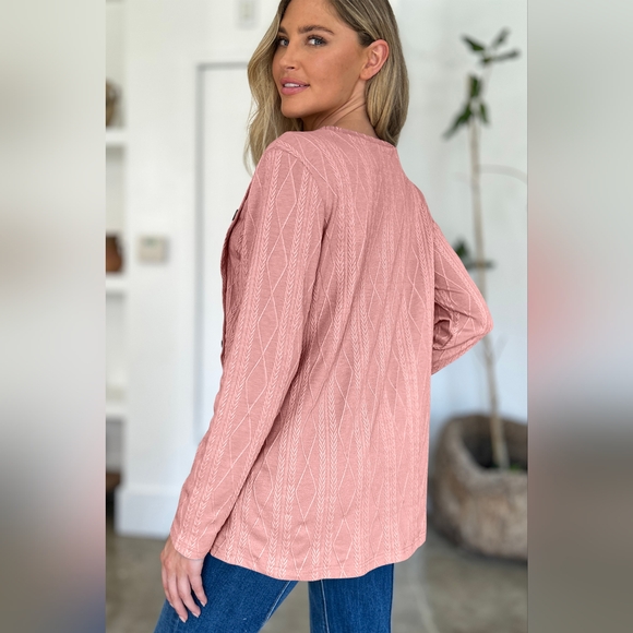 Slit Round Neck Long Sleeve Button T-Shirt - Picture 2 of 5